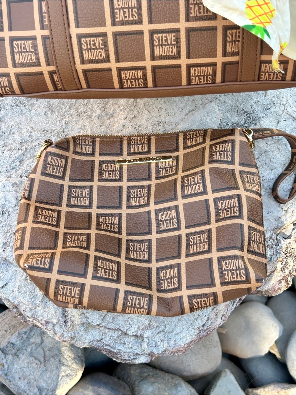 Steve Madden Brown Monogram Tote with Matching Pouch and Pineapple Scarf - Picture 3 of 7